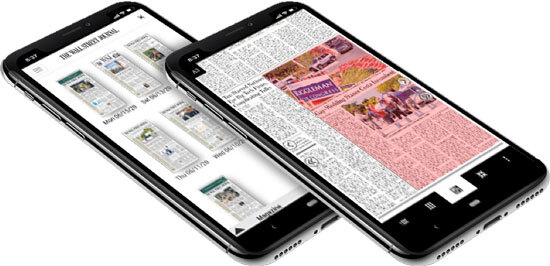 Two mobile devices displaying the W S J Print Edition App